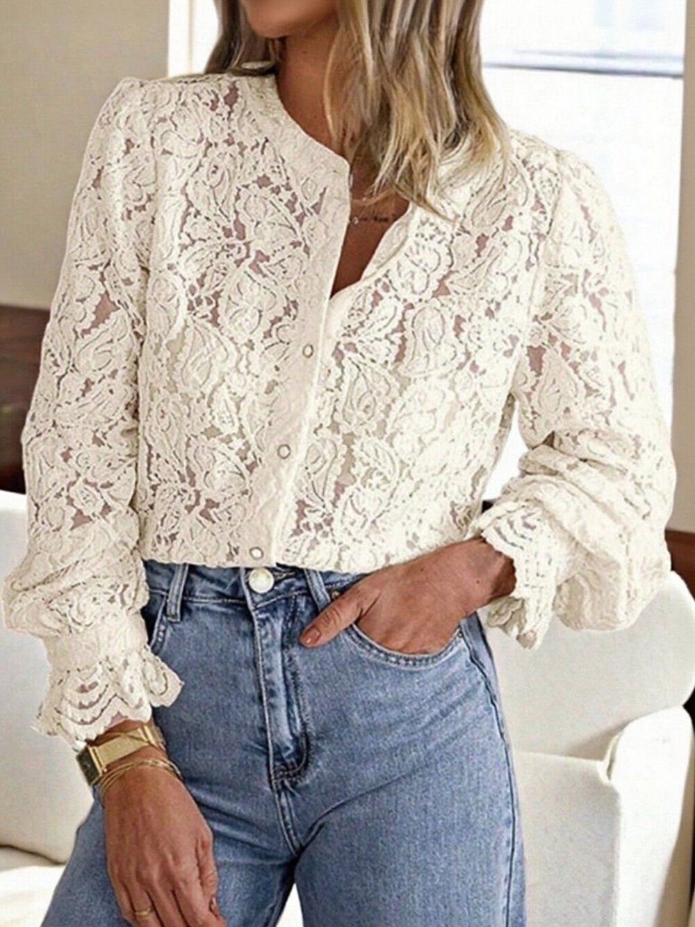 Apricot Elegant Women's Casual Lace Long Sleeve Blouse Top